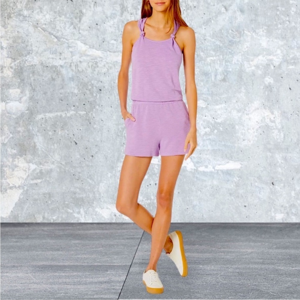 NWOT Monrow Super Soft Knotted Twist Back “Lavendula” Romper Size S